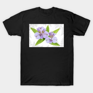 Two Alstroemeria flowers on a light background with leaves T-Shirt